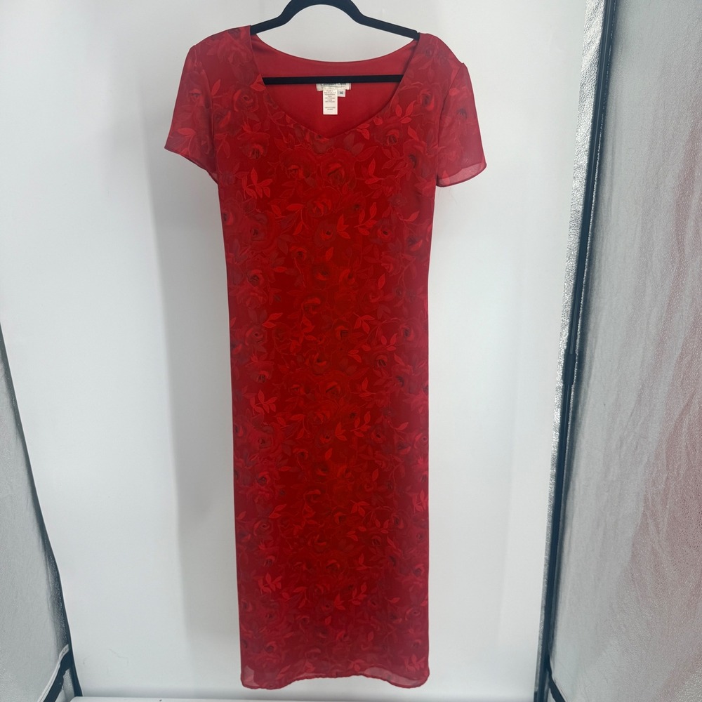 Coldwater Creek Red Floral Burnout Maxi Dress Short Sleeve Tie Back Size 14